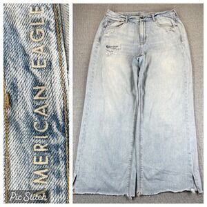 American Eagle Baggy Wide Leg Skater Jeans Women 14/33X29  Distressed Raw Hem